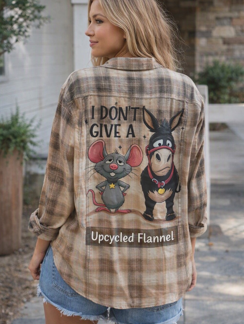 Upcycled Plaid Flannel Shirt Funny Cartoon Graphic ‘I Don’t Give A’ #0070